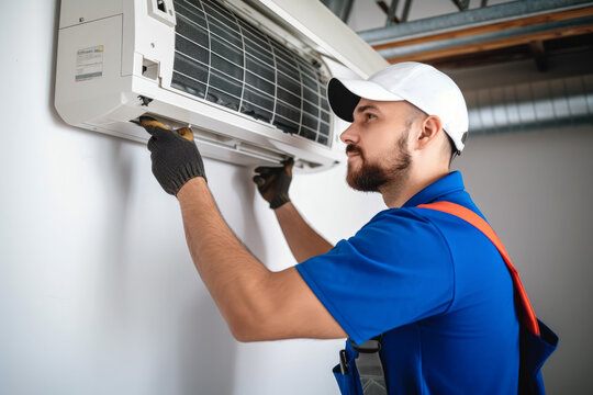 HVAC technician installing a mini split air conditioner in Parker