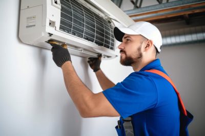 Air conditioning technician servicing a wall-mounted AC unit in Parker, CO