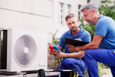 HVAC technicians reviewing an outdoor air conditioning unit in Parker, CO